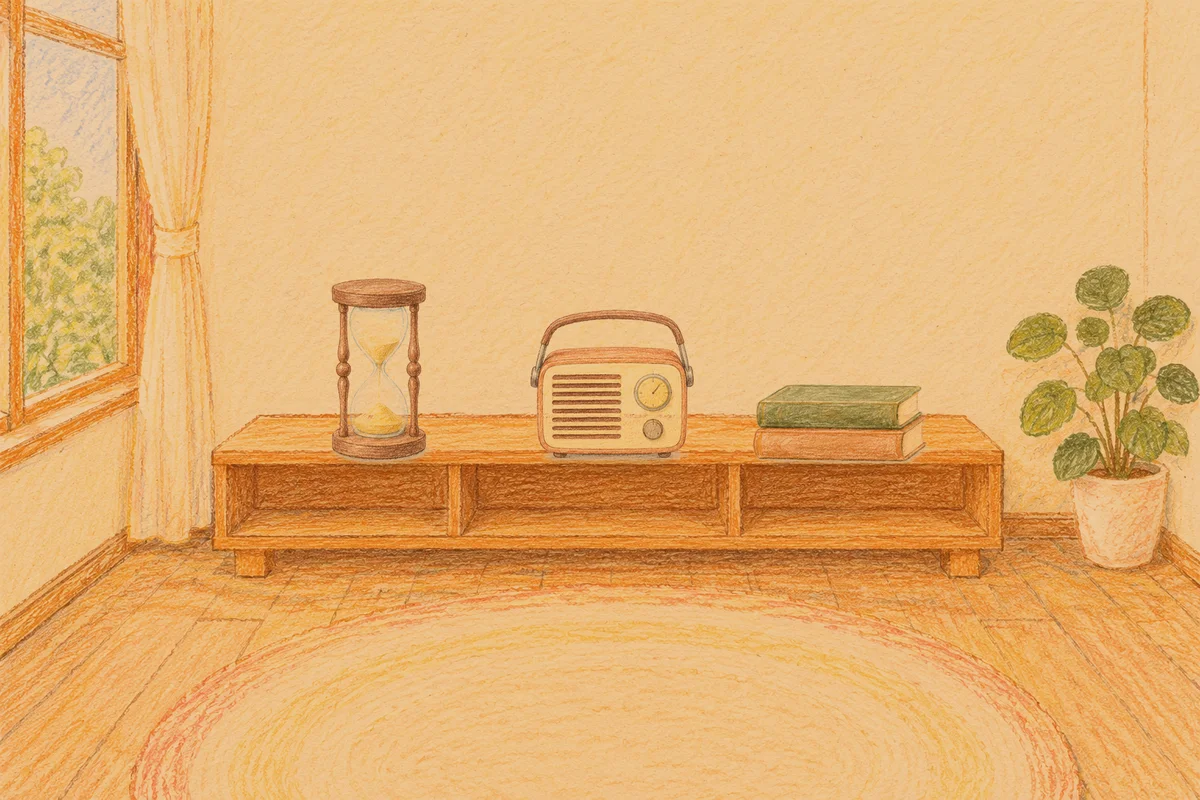 제기동 여성전용 셀룰라이트 관리 안내 그림, 저녁의 창가 낮은 선반 위에 놓인 모래시계, 작은 라디오, 책 두 권