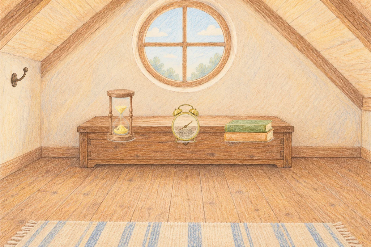 제기동 여성전용 다이어트 마사지 안내 그림, 낮의 다락방 나무 궤짝 위에 놓인 모래시계, 둥근 알람시계, 책 두 권