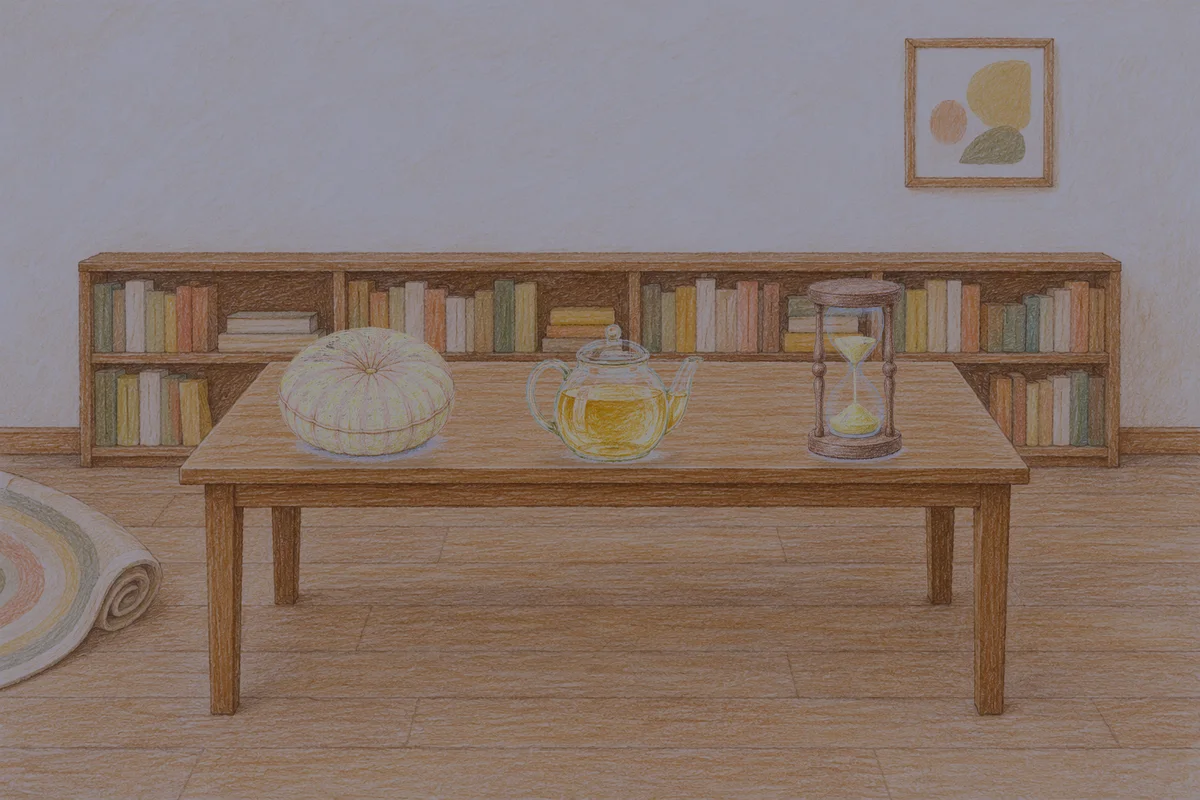 제기동 여성전용 두피 케어 안내 그림, 밤의 서재 긴 책상 위에 놓인 둥근 쿠션, 유리 티포트, 모래시계