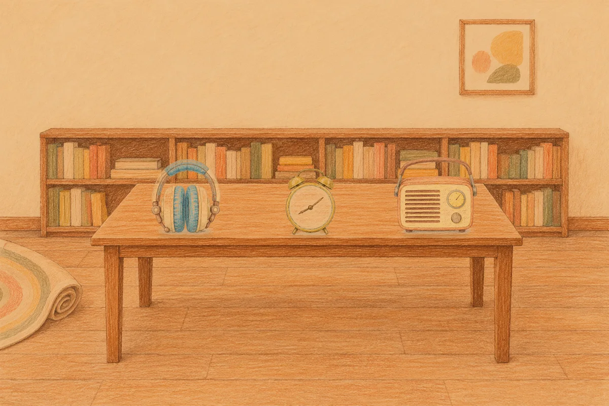 제기동 여성전용 어깨 마사지 안내 그림, 저녁의 서재 긴 책상 위에 놓인 헤드폰, 둥근 알람시계, 작은 라디오