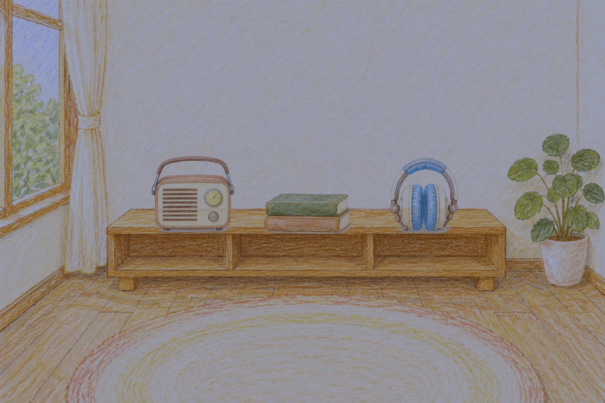제기동 여성전용 수면 케어 안내 그림, 밤의 창가 낮은 선반 위에 놓인 작은 라디오, 책 두 권, 헤드폰