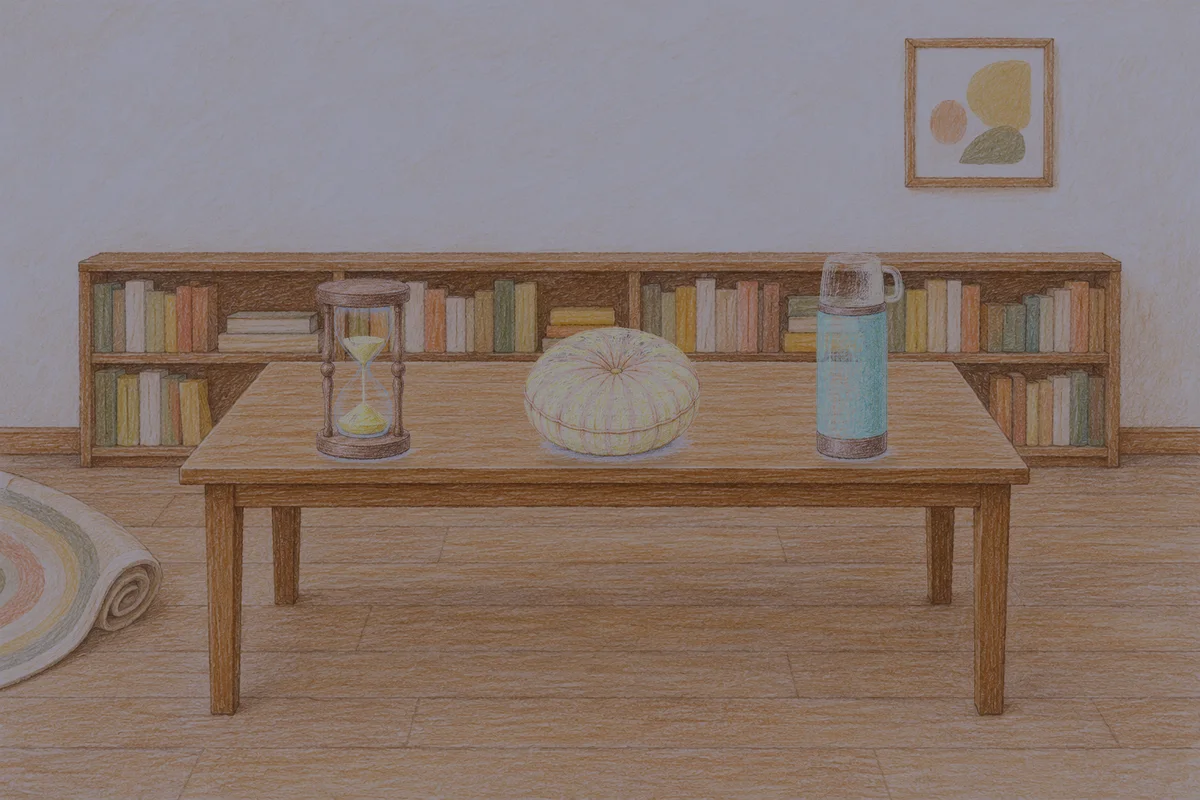 제기동 여성전용 안티에이징 케어 안내 그림, 밤의 서재 긴 책상 위에 놓인 모래시계, 둥근 쿠션, 보온병