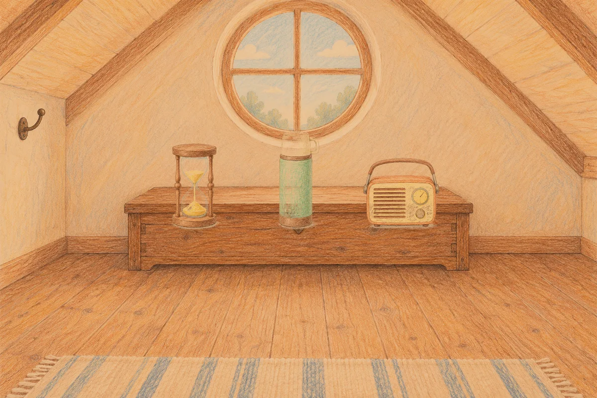 제기동 여성전용 피부 관리 안내 그림, 저녁의 다락방 나무 궤짝 위에 놓인 모래시계, 보온병, 작은 라디오