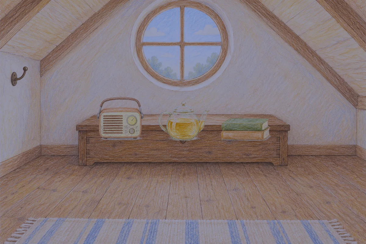 제기동 여성전용 추천 마사지 안내 그림, 밤의 다락방 나무 궤짝 위에 놓인 작은 라디오, 유리 티포트, 책 두 권
