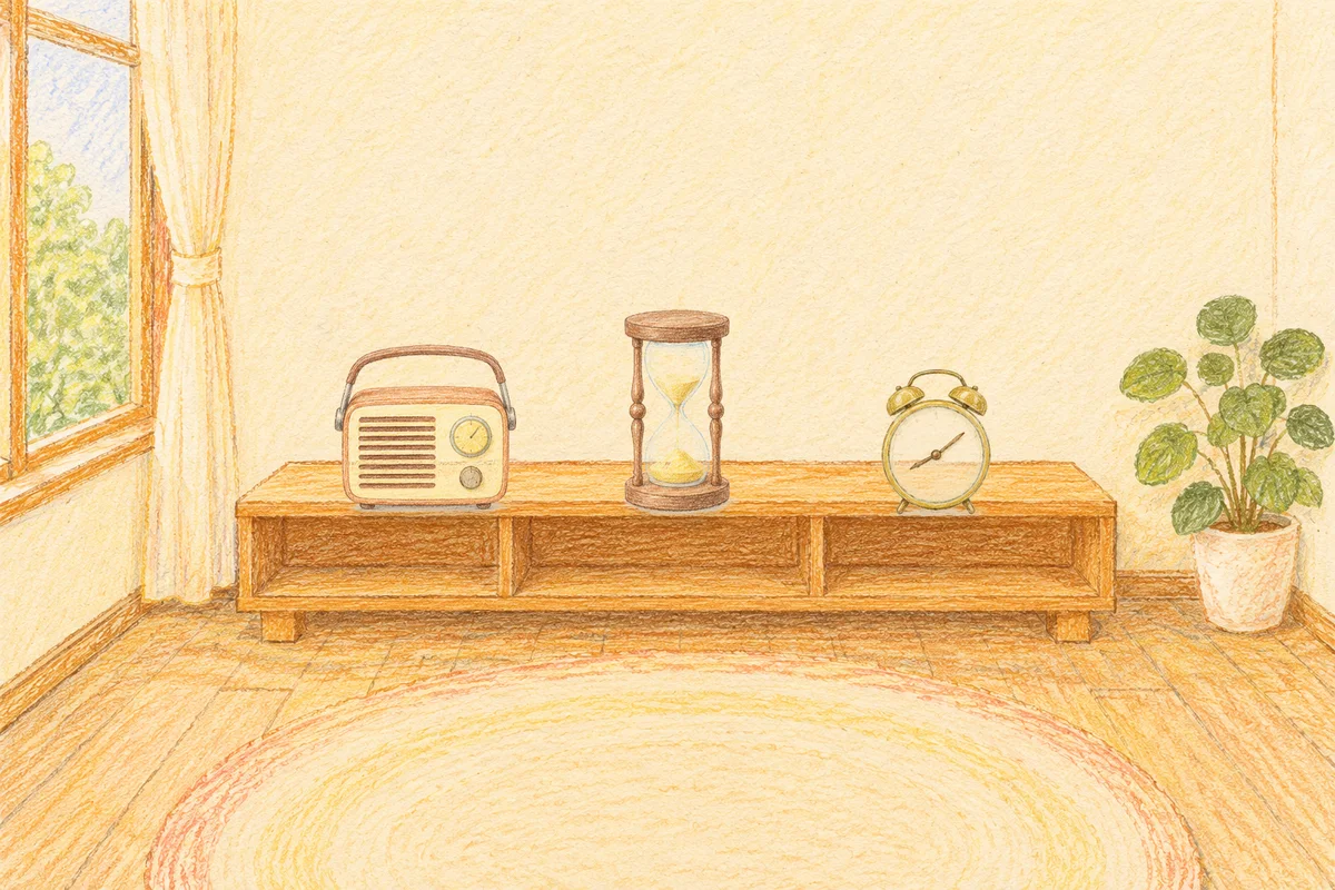 용두동 여성전용 스웨디시 마사지 안내 그림, 낮의 창가 낮은 선반 위에 놓인 작은 라디오, 모래시계, 둥근 알람시계
