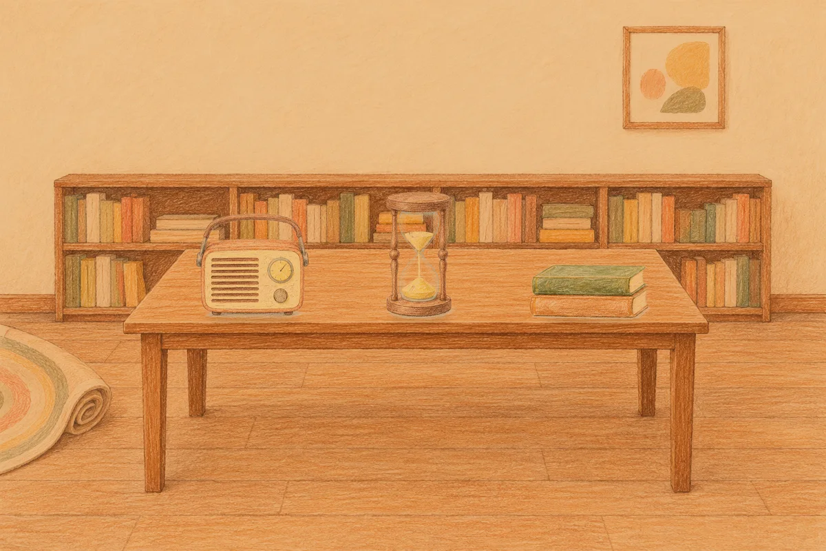 용두동 여성전용 아로마 마사지 안내 그림, 저녁의 서재 긴 책상 위에 놓인 작은 라디오, 모래시계, 책 두 권