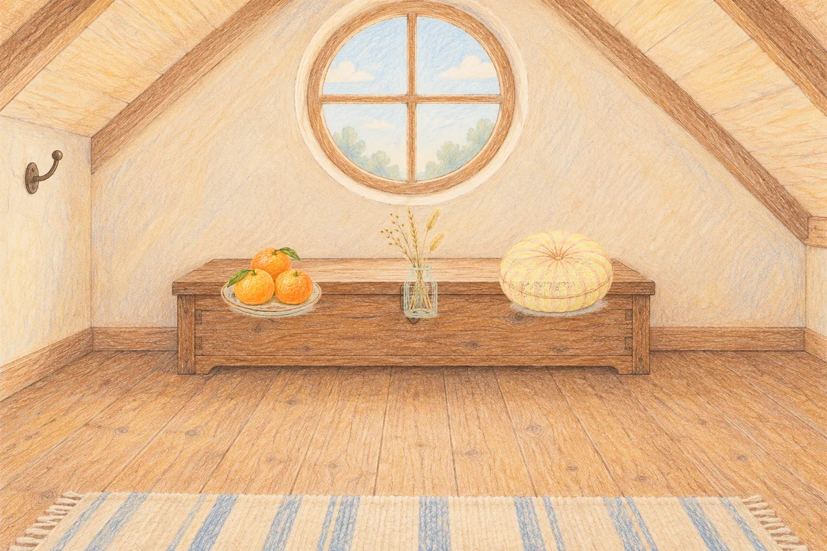 용두동 여성전용 아로마테라피 안내 그림, 낮의 다락방 나무 궤짝 위에 놓인 귤이 담긴 접시, 마른 풀을 꽂은 항아리, 둥근 쿠션