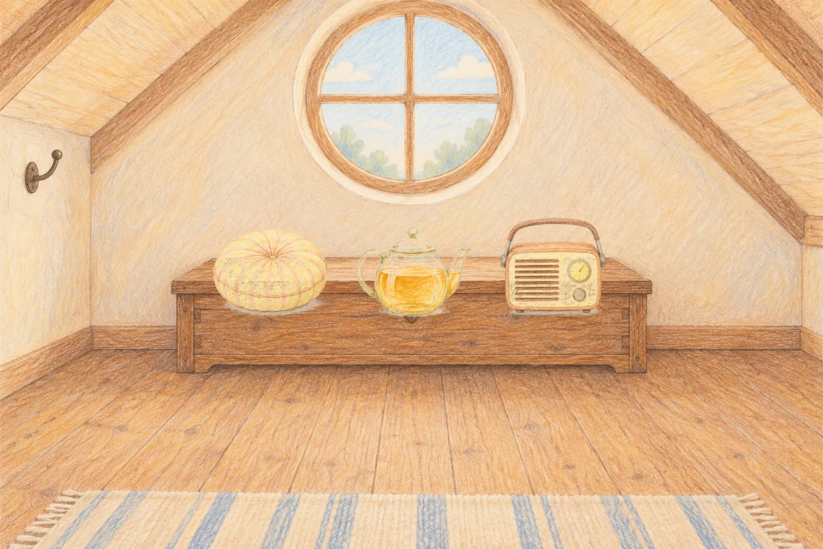 용두동 여성전용 스웨디시 홈케어 안내 그림, 낮의 다락방 나무 궤짝 위에 놓인 둥근 쿠션, 유리 티포트, 작은 라디오