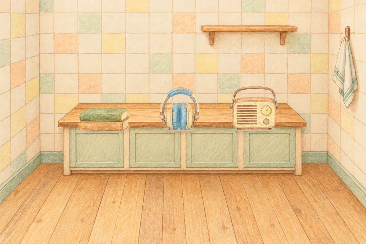 용두동 여성전용 아로마 가격 안내 그림, 낮의 부엌 나무 조리대 위에 놓인 책 두 권, 헤드폰, 작은 라디오