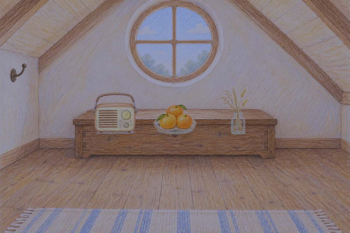 용두동 여성전용 경락 마사지 안내 그림, 밤의 다락방 나무 궤짝 위에 놓인 작은 라디오, 귤이 담긴 접시, 마른 풀을 꽂은 항아리