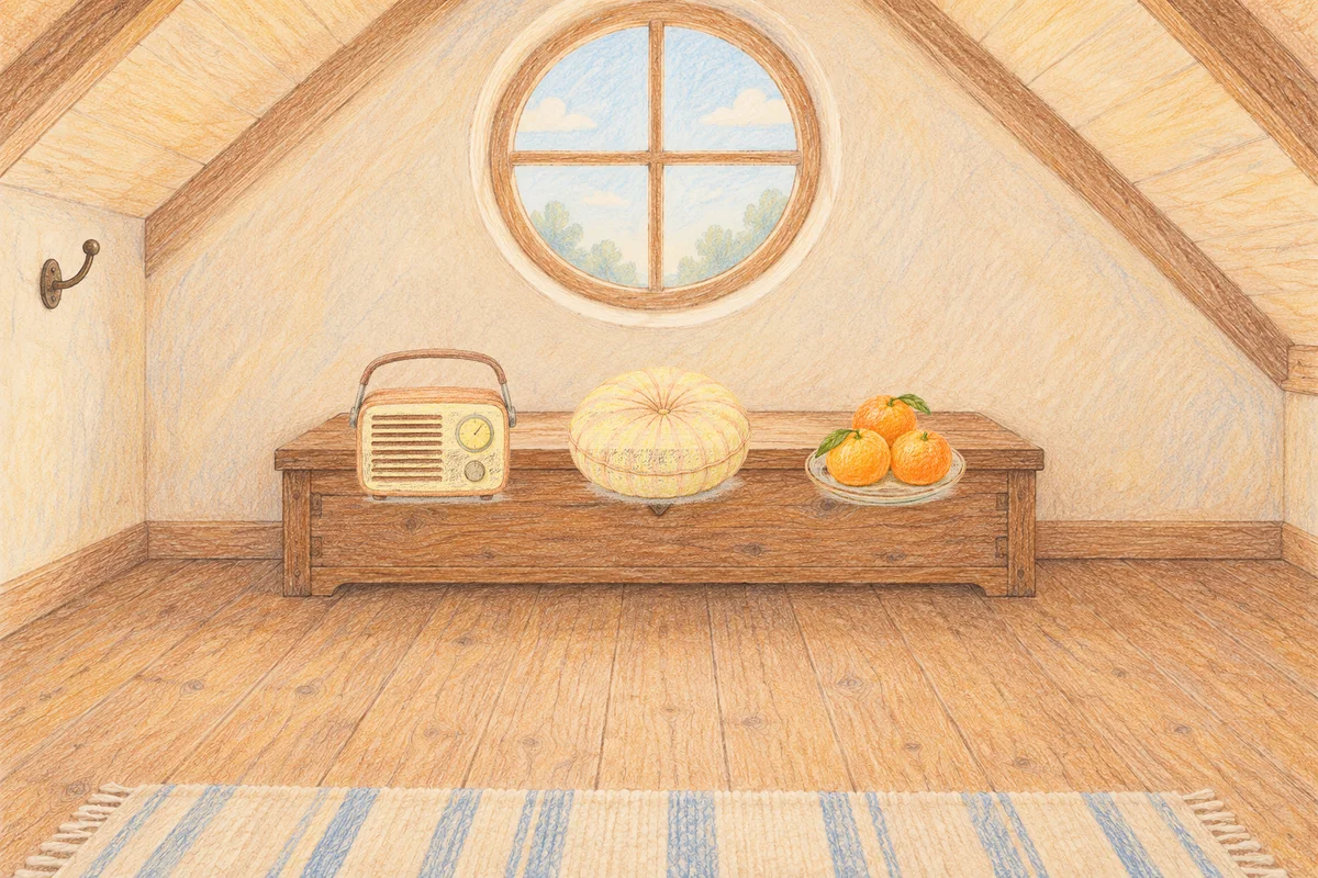 용두동 여성전용 방문 마사지 안내 그림, 낮의 다락방 나무 궤짝 위에 놓인 작은 라디오, 둥근 쿠션, 귤이 담긴 접시