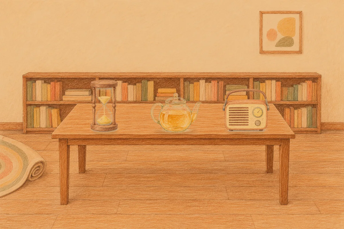 용두동 여성전용 발관리 안내 그림, 저녁의 서재 긴 책상 위에 놓인 모래시계, 유리 티포트, 작은 라디오