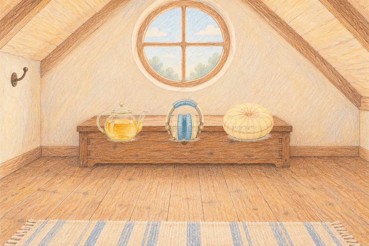 용두동 여성전용 발마사지 안내 그림, 낮의 다락방 나무 궤짝 위에 놓인 유리 티포트, 헤드폰, 둥근 쿠션