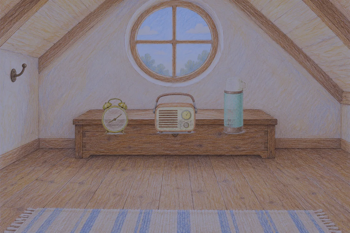 용두동 여성전용 발 케어 안내 그림, 밤의 다락방 나무 궤짝 위에 놓인 둥근 알람시계, 작은 라디오, 보온병