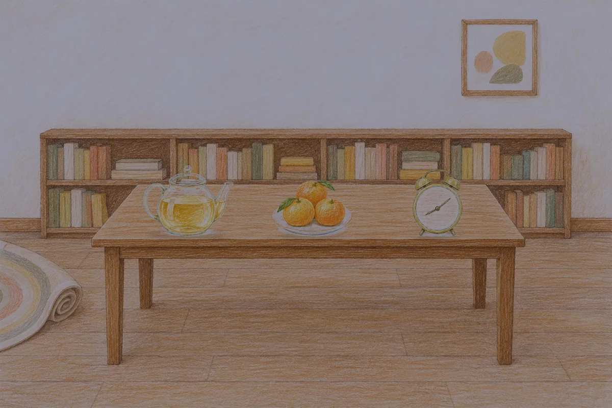 용두동 여성전용 발 부종 케어 안내 그림, 밤의 서재 긴 책상 위에 놓인 유리 티포트, 귤이 담긴 접시, 둥근 알람시계