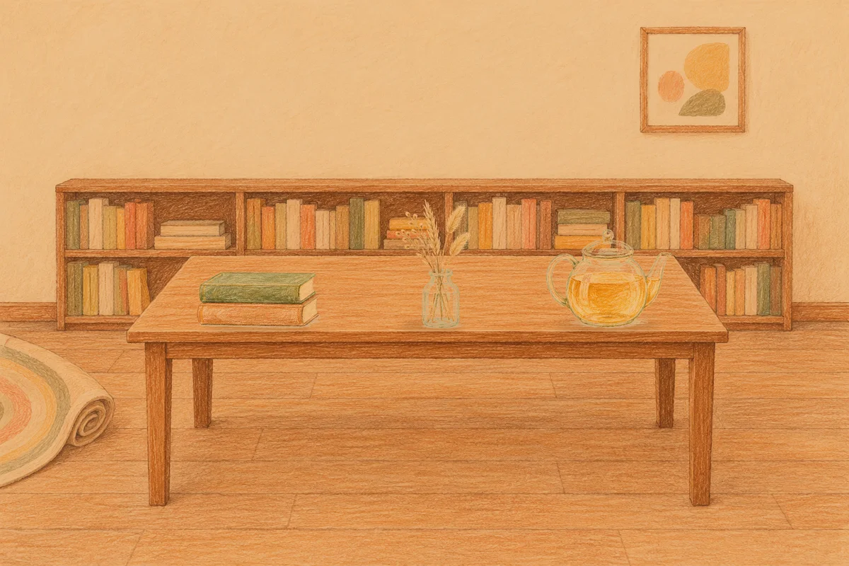 용두동 여성전용 발관리 후기 안내 그림, 저녁의 서재 긴 책상 위에 놓인 책 두 권, 마른 풀을 꽂은 항아리, 유리 티포트