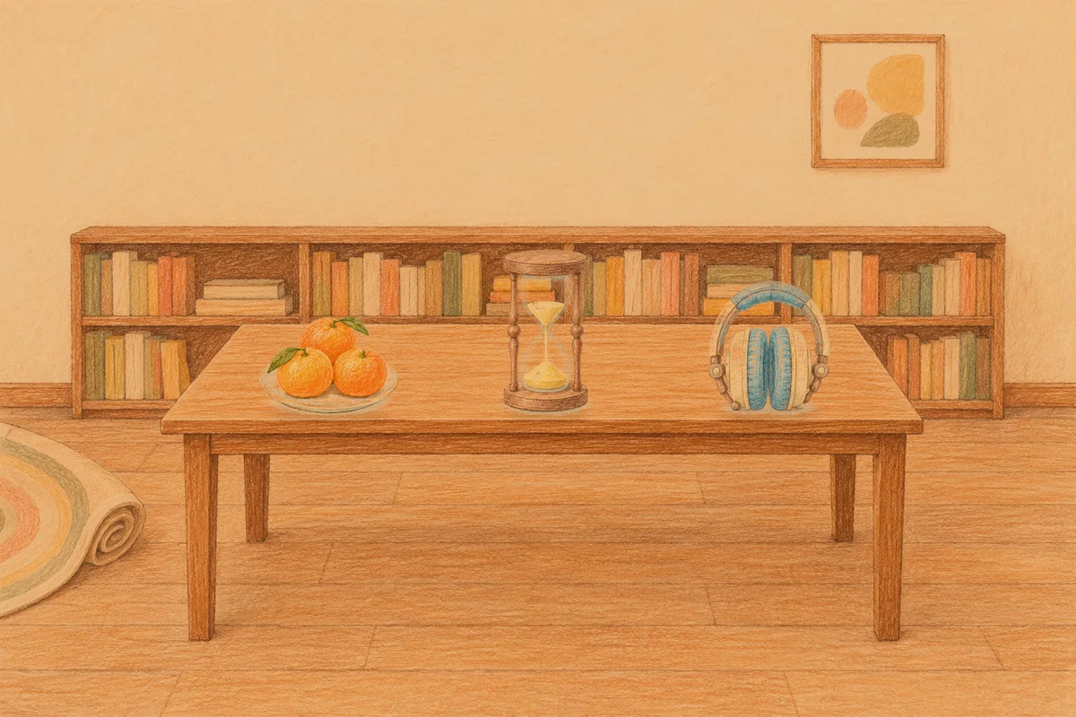 용두동 여성전용 림프 마사지 안내 그림, 저녁의 서재 긴 책상 위에 놓인 귤이 담긴 접시, 모래시계, 헤드폰