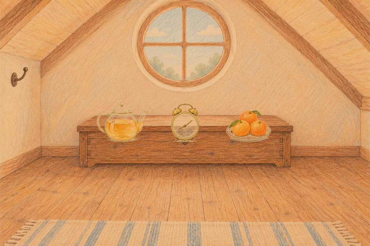용두동 여성전용 부종 케어 안내 그림, 저녁의 다락방 나무 궤짝 위에 놓인 유리 티포트, 둥근 알람시계, 귤이 담긴 접시
