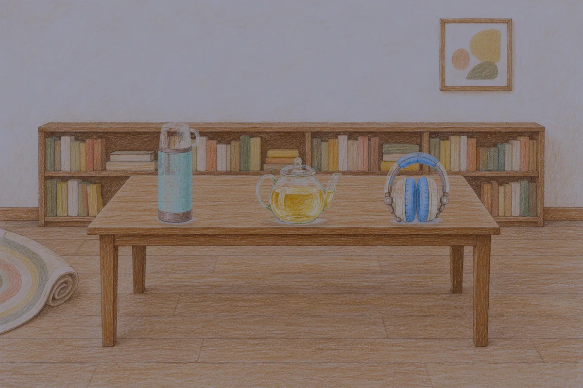 용두동 여성전용 다이어트 마사지 안내 그림, 밤의 서재 긴 책상 위에 놓인 보온병, 유리 티포트, 헤드폰