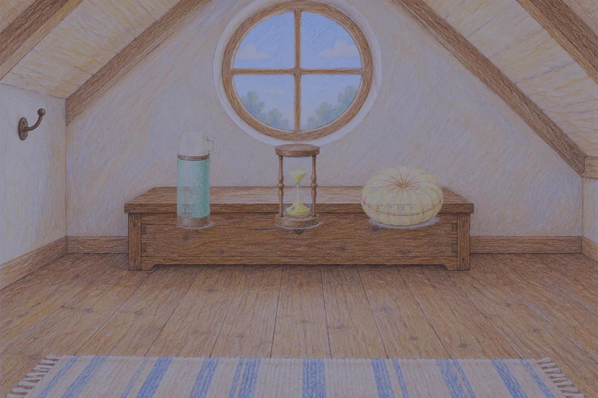 용두동 여성전용 복부 마사지 안내 그림, 밤의 다락방 나무 궤짝 위에 놓인 보온병, 모래시계, 둥근 쿠션