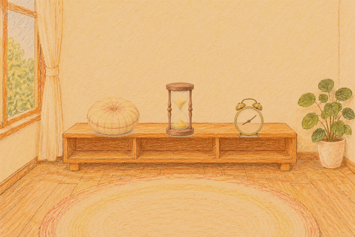 용두동 여성전용 목 어깨 케어 안내 그림, 저녁의 창가 낮은 선반 위에 놓인 둥근 쿠션, 모래시계, 둥근 알람시계