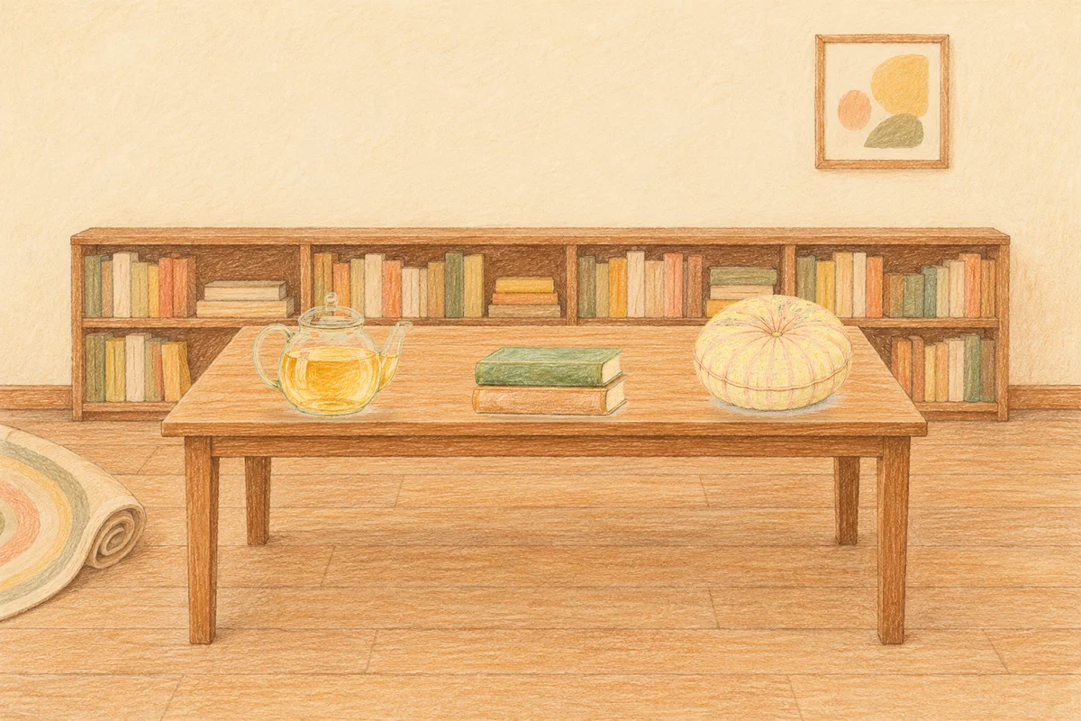 용두동 여성전용 스트레스 케어 안내 그림, 낮의 서재 긴 책상 위에 놓인 유리 티포트, 책 두 권, 둥근 쿠션