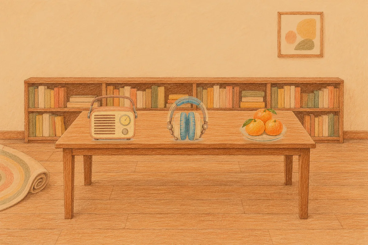 용두동 여성전용 브라이덜 케어 안내 그림, 저녁의 서재 긴 책상 위에 놓인 작은 라디오, 헤드폰, 귤이 담긴 접시