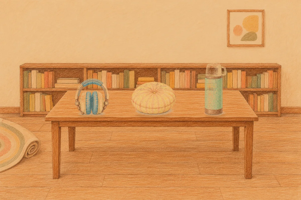 용두동 여성전용 샵 마사지 안내 그림, 저녁의 서재 긴 책상 위에 놓인 헤드폰, 둥근 쿠션, 보온병