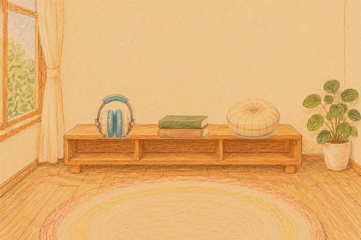 용두동 여성전용 가격 마사지 안내 그림, 저녁의 창가 낮은 선반 위에 놓인 헤드폰, 책 두 권, 둥근 쿠션