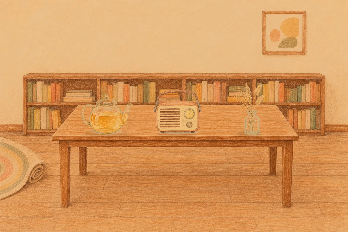 신설동 여성전용 아로마 마사지 안내 그림, 저녁의 서재 긴 책상 위에 놓인 유리 티포트, 작은 라디오, 마른 풀을 꽂은 항아리