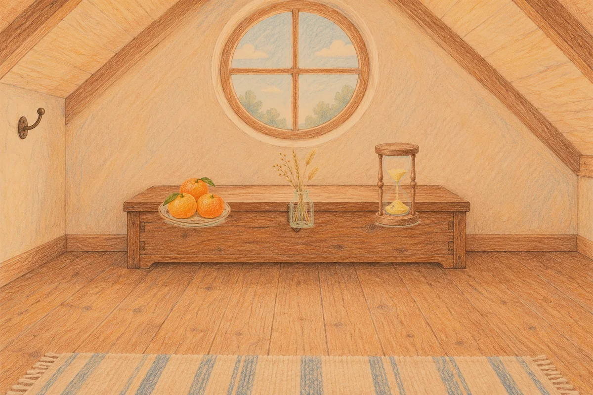 신설동 여성전용 프리미엄 스웨디시 안내 그림, 저녁의 다락방 나무 궤짝 위에 놓인 귤이 담긴 접시, 마른 풀을 꽂은 항아리, 모래시계