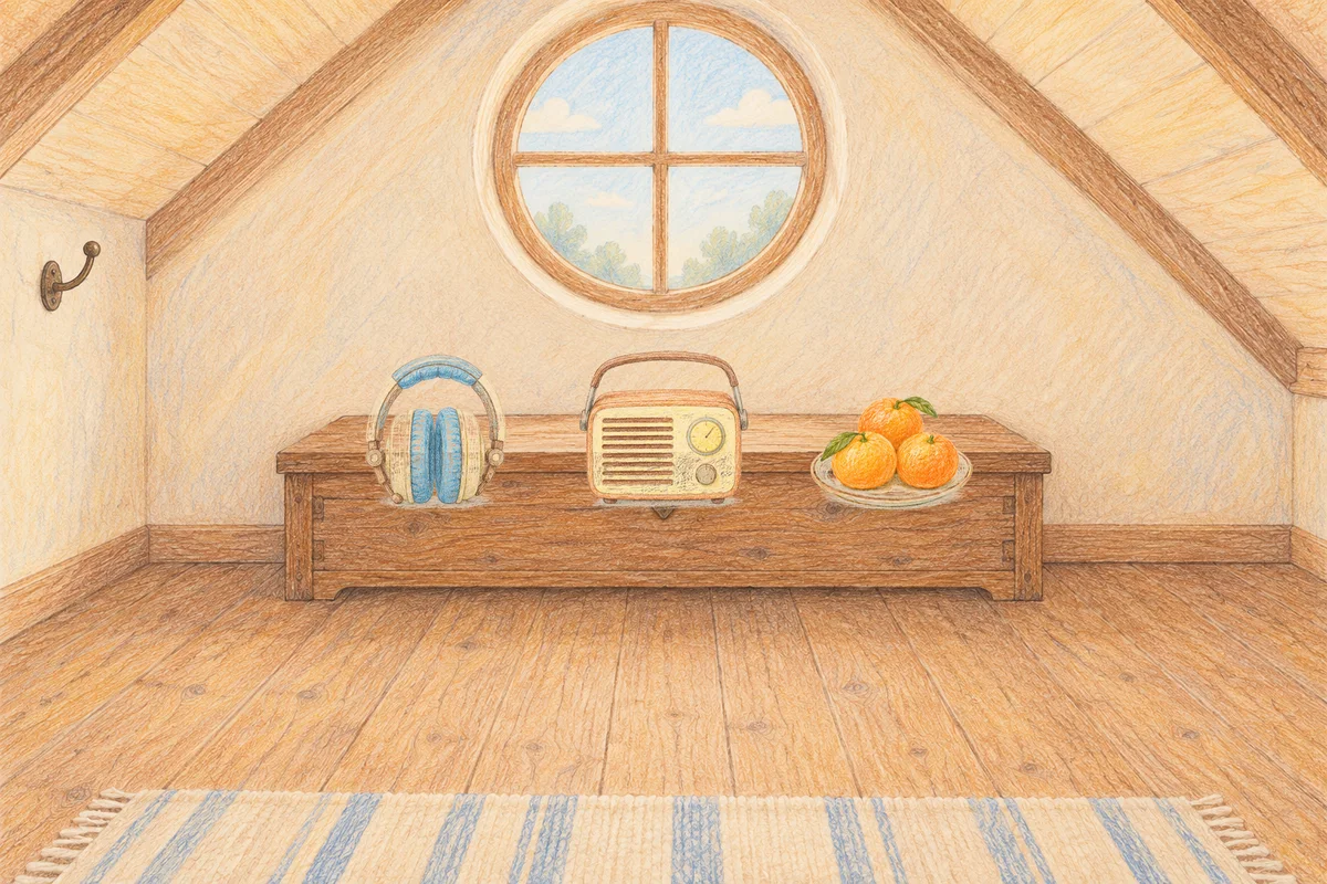 신설동 여성전용 라벤더 아로마 안내 그림, 낮의 다락방 나무 궤짝 위에 놓인 헤드폰, 작은 라디오, 귤이 담긴 접시