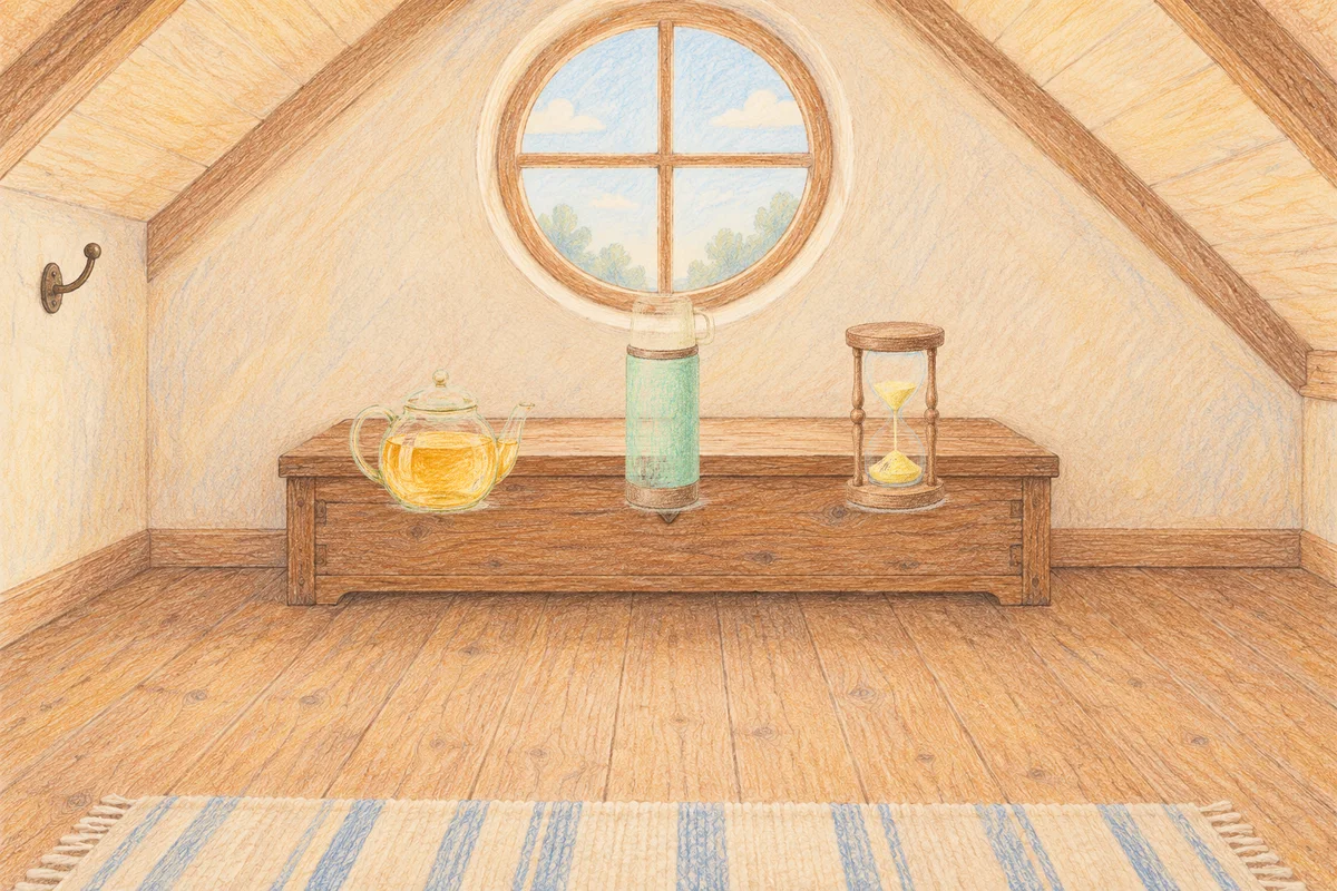신설동 여성전용 스웨디시 후기 안내 그림, 낮의 다락방 나무 궤짝 위에 놓인 유리 티포트, 보온병, 모래시계