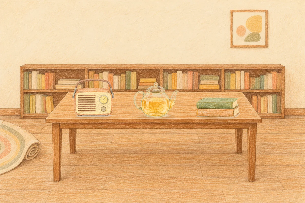 신설동 여성전용 아로마 가격 안내 그림, 낮의 서재 긴 책상 위에 놓인 작은 라디오, 유리 티포트, 책 두 권