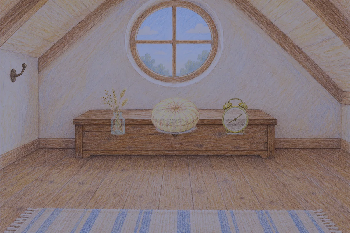 신설동 여성전용 스웨디시 추천 안내 그림, 밤의 다락방 나무 궤짝 위에 놓인 마른 풀을 꽂은 항아리, 둥근 쿠션, 둥근 알람시계