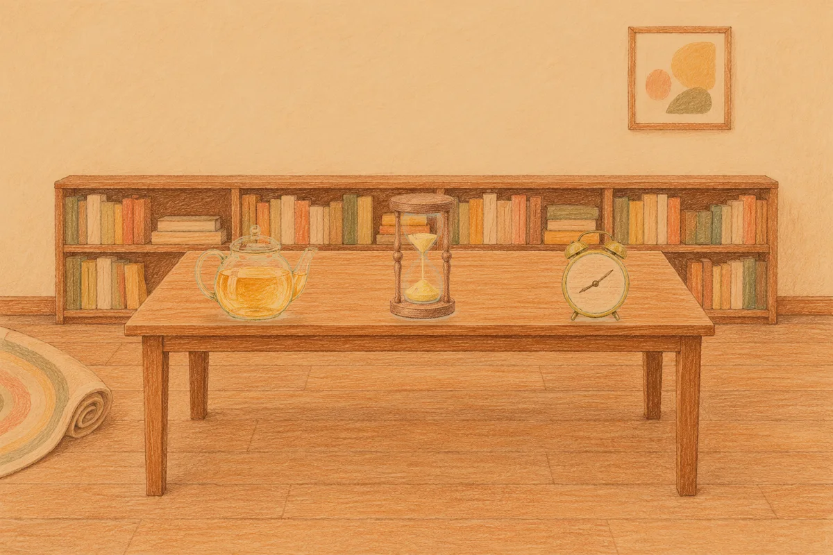 신설동 여성전용 경락마사지 안내 그림, 저녁의 서재 긴 책상 위에 놓인 유리 티포트, 모래시계, 둥근 알람시계