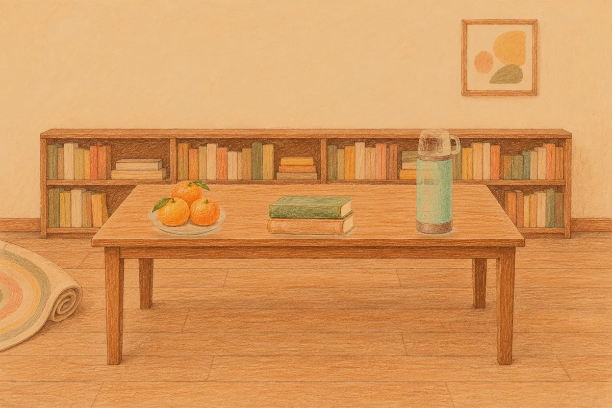 신설동 여성전용 경락 마사지 안내 그림, 저녁의 서재 긴 책상 위에 놓인 귤이 담긴 접시, 책 두 권, 보온병