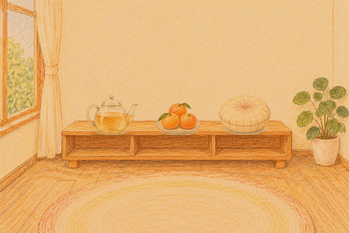 신설동 여성전용 바디 경락 안내 그림, 저녁의 창가 낮은 선반 위에 놓인 유리 티포트, 귤이 담긴 접시, 둥근 쿠션