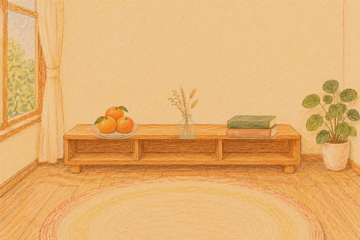 신설동 여성전용 홈케어 안내 그림, 저녁의 창가 낮은 선반 위에 놓인 귤이 담긴 접시, 마른 풀을 꽂은 항아리, 책 두 권