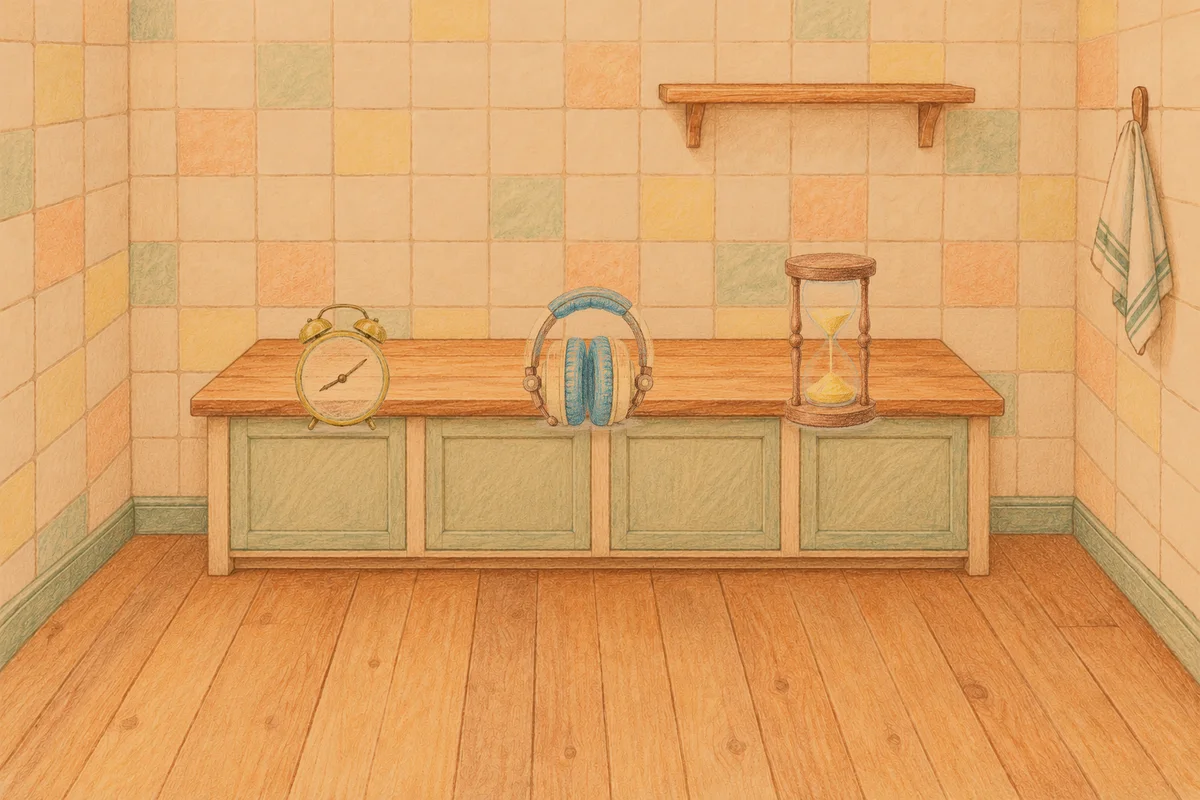 신설동 여성전용 홈케어 서비스 안내 그림, 저녁의 부엌 나무 조리대 위에 놓인 둥근 알람시계, 헤드폰, 모래시계