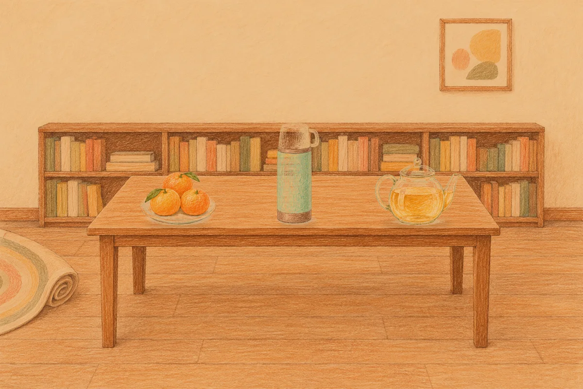 신설동 여성전용 홈케어 후기 안내 그림, 저녁의 서재 긴 책상 위에 놓인 귤이 담긴 접시, 보온병, 유리 티포트