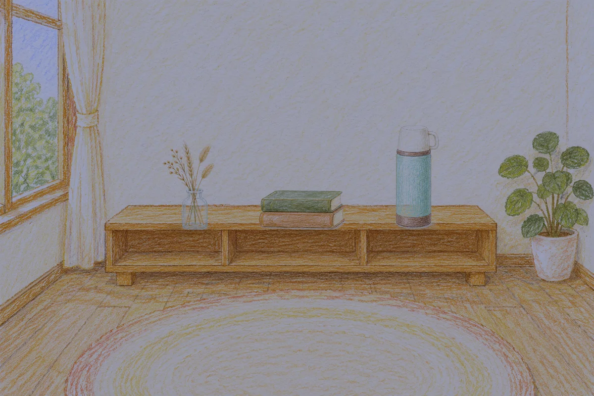 신설동 여성전용 홈케어 추천 안내 그림, 밤의 창가 낮은 선반 위에 놓인 마른 풀을 꽂은 항아리, 책 두 권, 보온병
