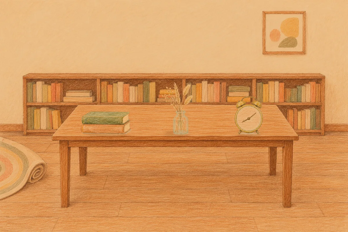 신설동 여성전용 림프 마사지 안내 그림, 저녁의 서재 긴 책상 위에 놓인 책 두 권, 마른 풀을 꽂은 항아리, 둥근 알람시계