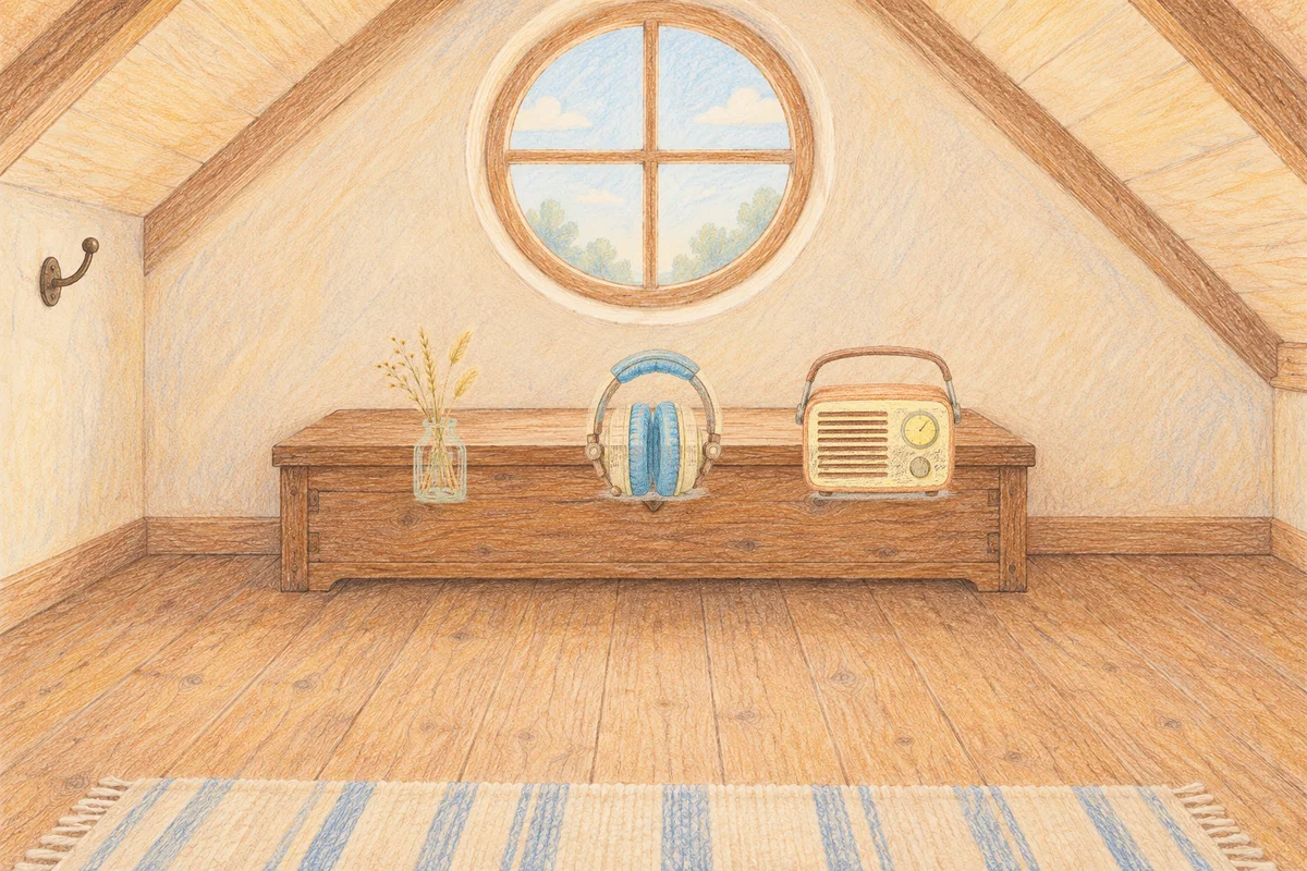 신설동 여성전용 부종 케어 안내 그림, 낮의 다락방 나무 궤짝 위에 놓인 마른 풀을 꽂은 항아리, 헤드폰, 작은 라디오