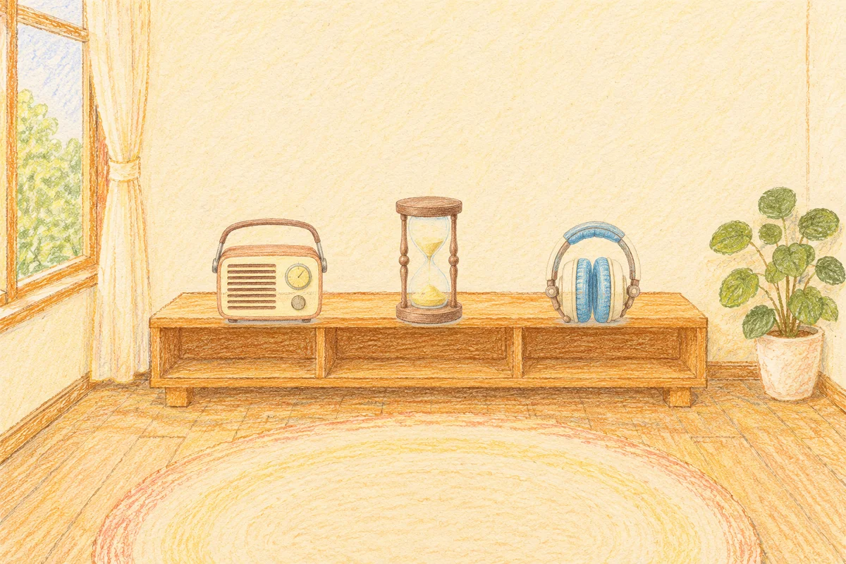 신설동 여성전용 복부 마사지 안내 그림, 낮의 창가 낮은 선반 위에 놓인 작은 라디오, 모래시계, 헤드폰