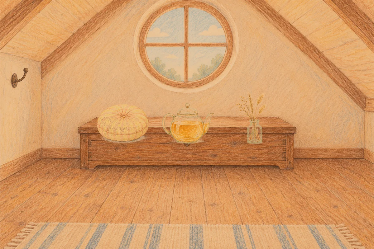 신설동 여성전용 종아리 케어 안내 그림, 저녁의 다락방 나무 궤짝 위에 놓인 둥근 쿠션, 유리 티포트, 마른 풀을 꽂은 항아리