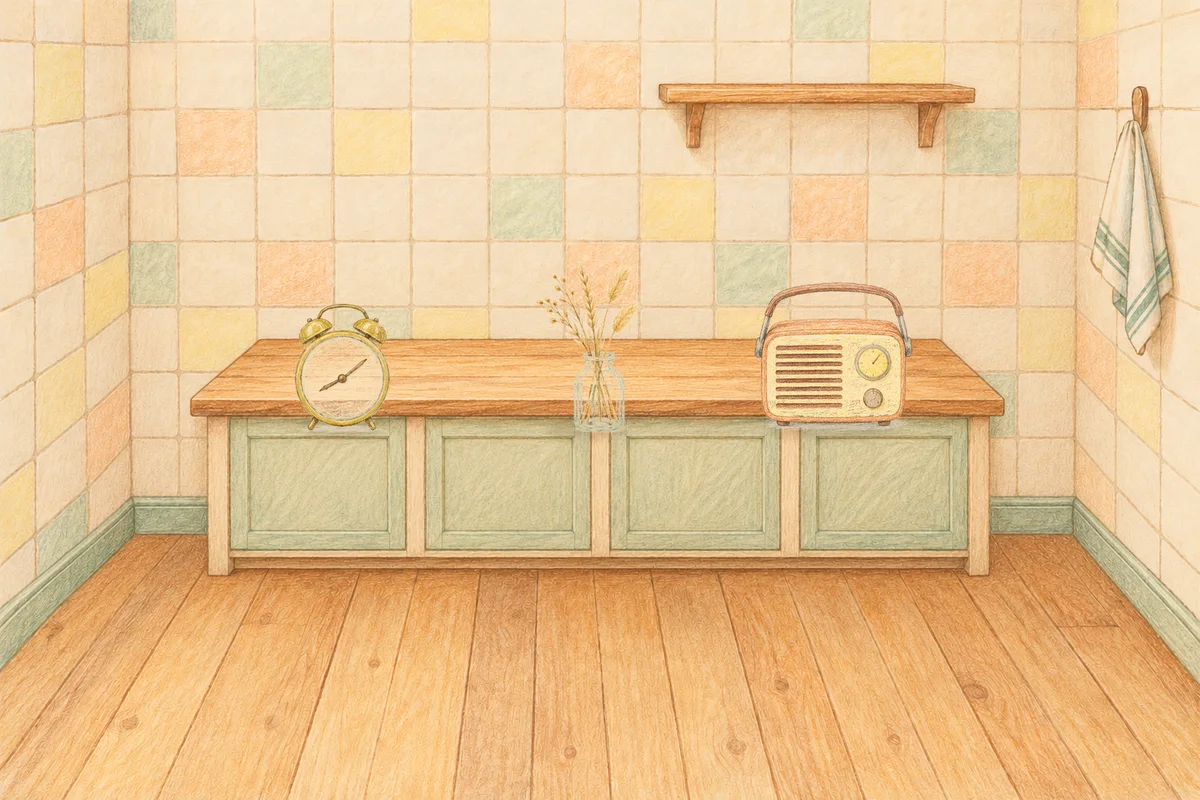 신설동 여성전용 등 마사지 안내 그림, 낮의 부엌 나무 조리대 위에 놓인 둥근 알람시계, 마른 풀을 꽂은 항아리, 작은 라디오