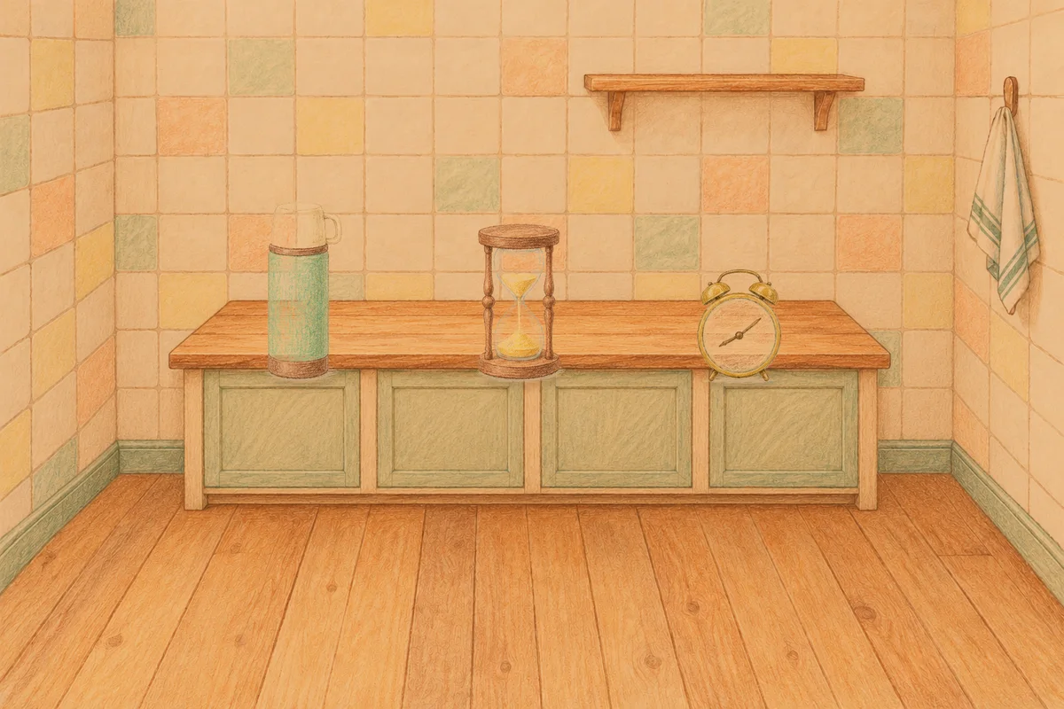 신설동 여성전용 두피 케어 안내 그림, 저녁의 부엌 나무 조리대 위에 놓인 보온병, 모래시계, 둥근 알람시계