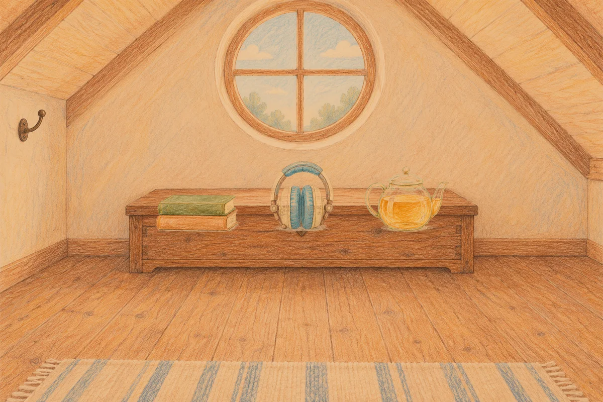 신설동 여성전용 어깨 마사지 안내 그림, 저녁의 다락방 나무 궤짝 위에 놓인 책 두 권, 헤드폰, 유리 티포트
