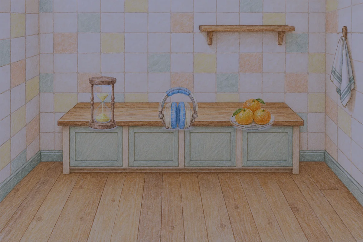 신설동 여성전용 두통 완화 마사지 안내 그림, 밤의 부엌 나무 조리대 위에 놓인 모래시계, 헤드폰, 귤이 담긴 접시